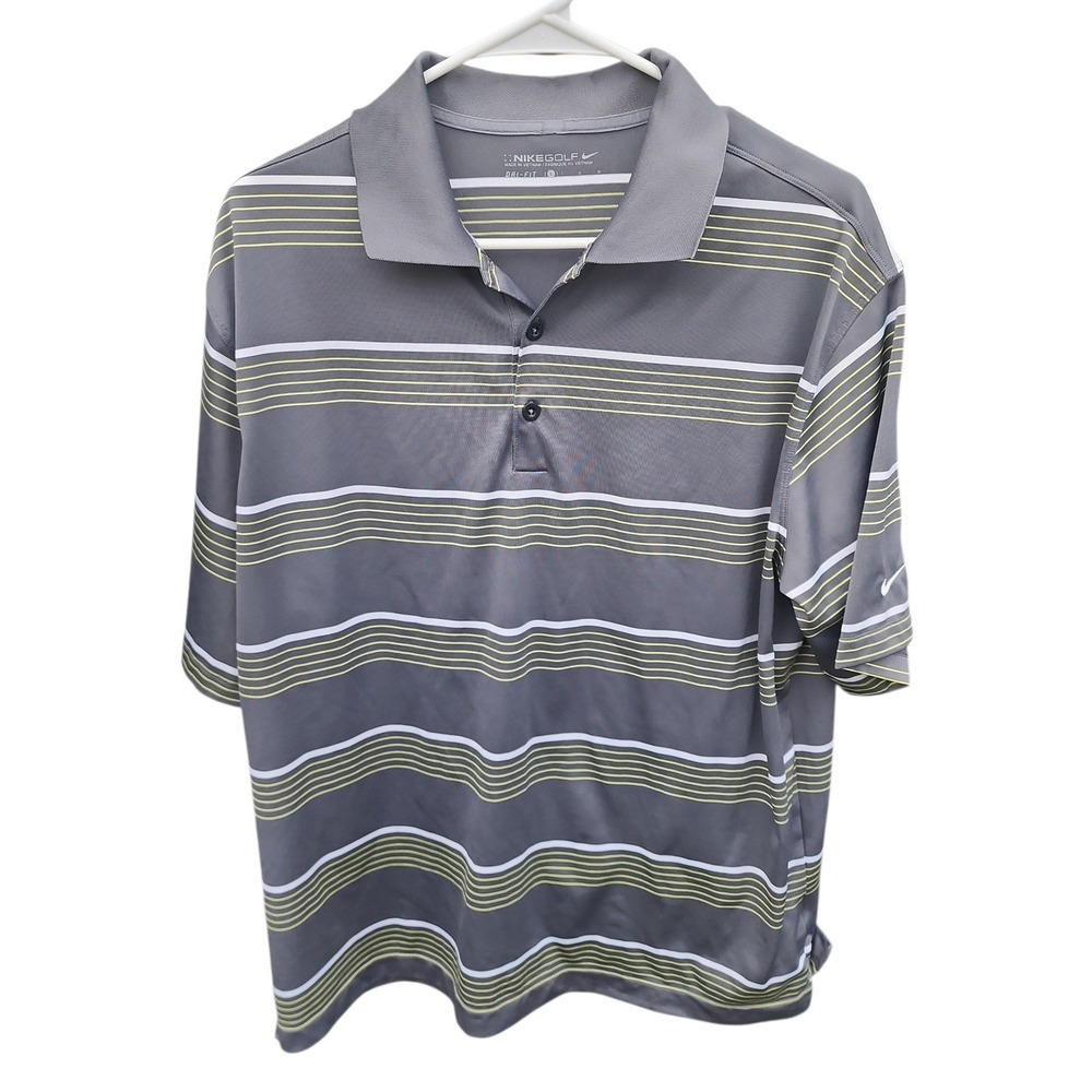 Nike Golf Dri-FIT Polo Shirt Mens Large Gray Striped Short Sleeve Performance